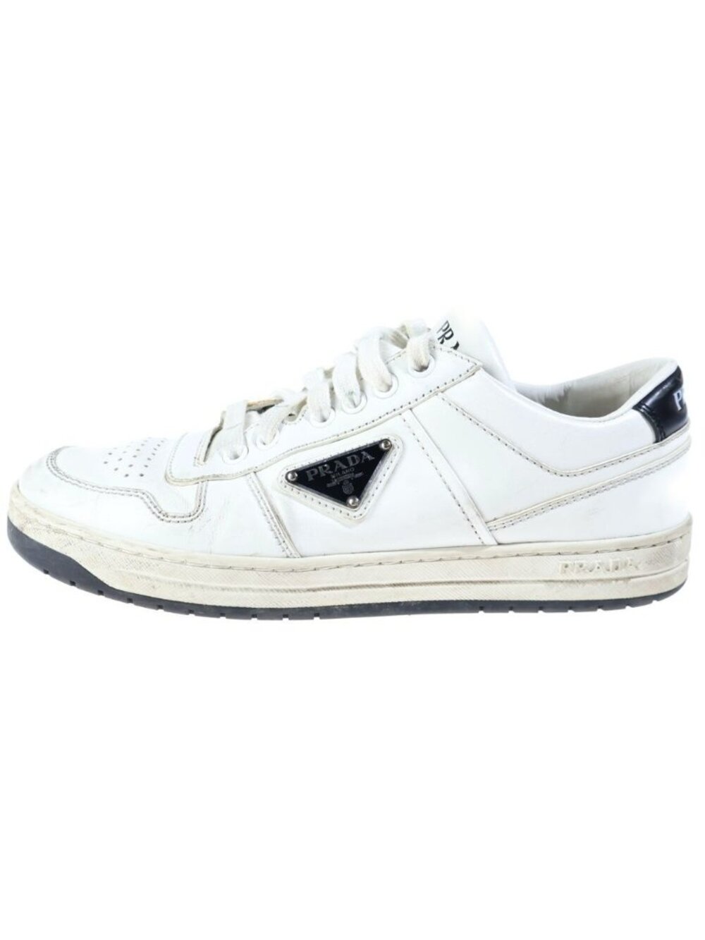 Prada Downtown Hold Leather Sneakers Triangle Logo Low Cut Shoes White